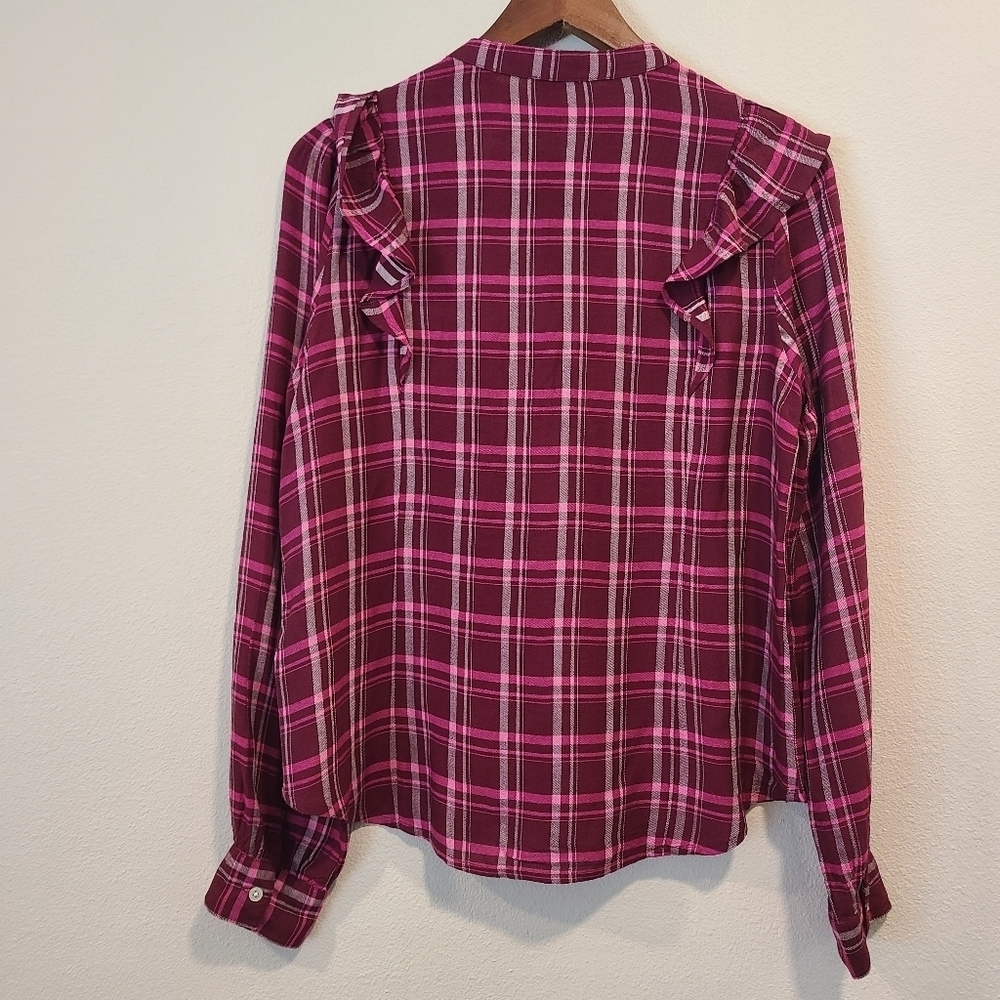 J Crew Plaid Ruffle Button Front Burgundy Shirt - Picture 3 of 4